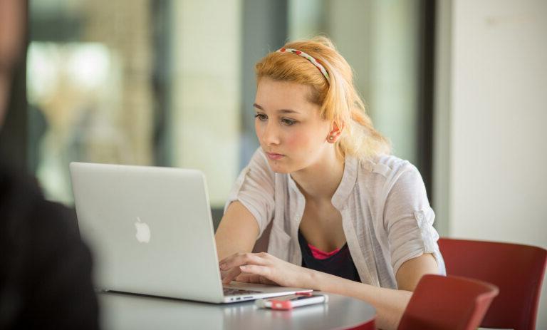 Image shows a student using a laptop at a table.